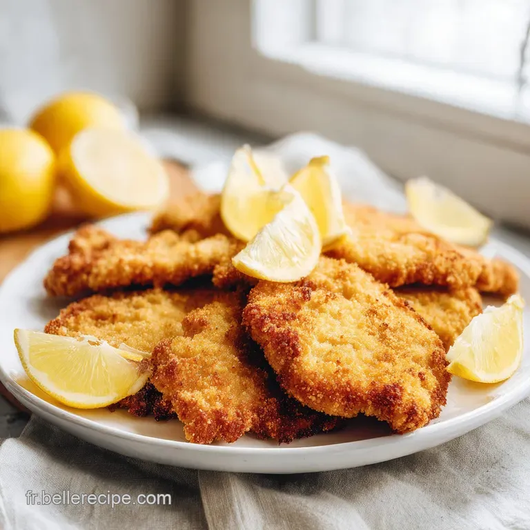 Fine tranche de viande pan&eacute;e bien dor&eacute;e, dress&eacute;e avec &eacute;l&eacute;gance et agr&eacute;ment&eacute;e de quartiers de citron et d'herbes vertes.