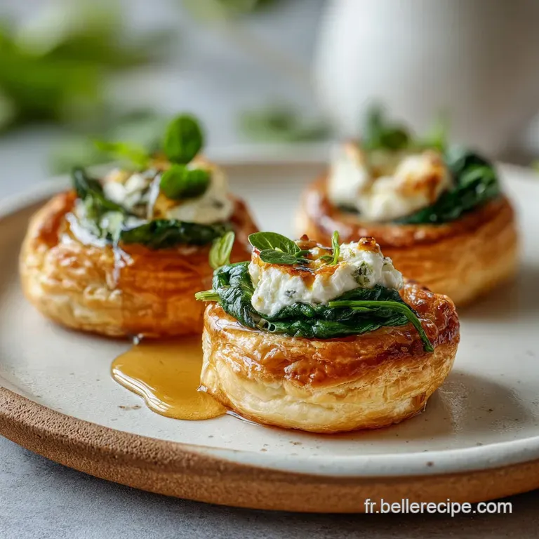 Elegant puff pastry hors d'oeuvres plated with fresh herbs; a delightful contrast of textures and vibrant colors on a dark...