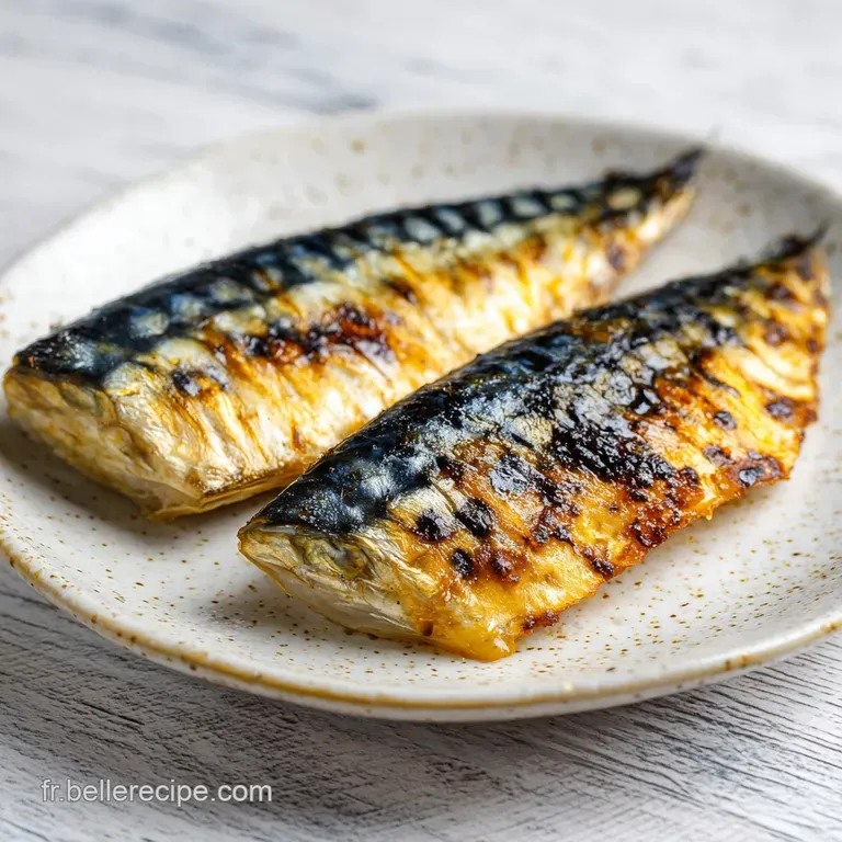 A perfectly cooked mackerel fillet with golden, flaky skin, elegantly arranged on a white plate with a scattering of micro...