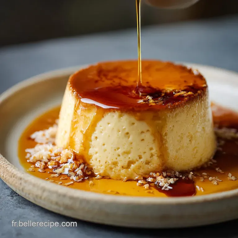 Creamy, ivory-colored slice of coconut flan on a white plate, drizzled with rich, dark caramel; inviting and elegant.