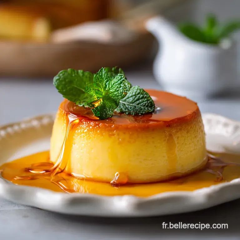 Elegant slice of coconut flan on a white plate, drizzled with caramel. The light custard offers a delicious tropical tempt...