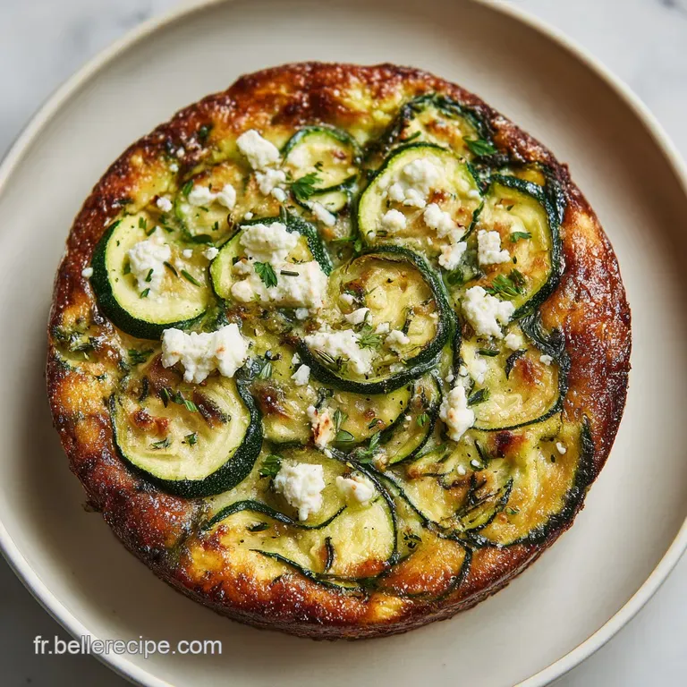 A slice of warm flan with visible flecks of green zucchini and creamy white feta sits plated, ready to be enjoyed.