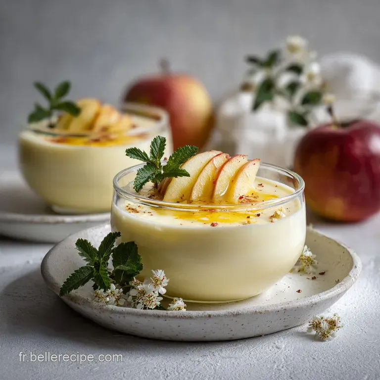 Elegant slice of apple flan with a dollop of yogurt. Shiny caramel glistens on soft apples; a tempting dessert close-up.