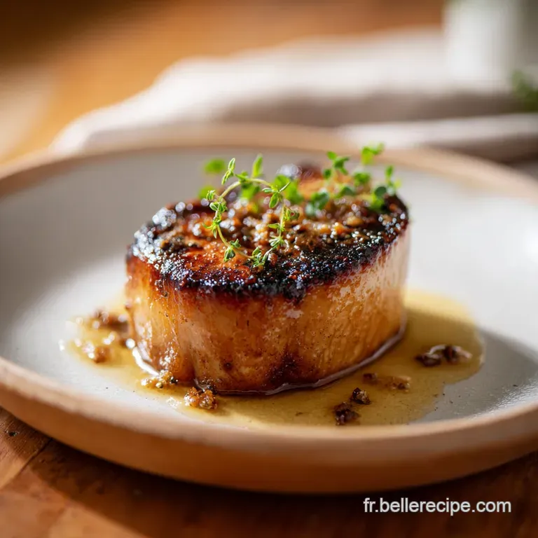 A meticulously arranged plate featuring seared foie gras, topped with a delicate garnish and subtle sauce swirls.
