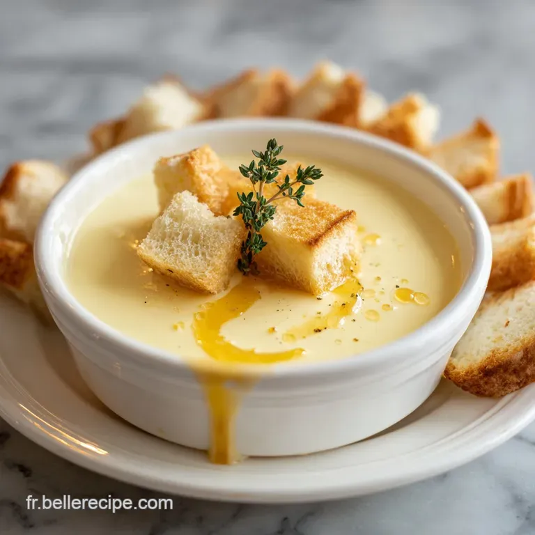 Elegant fondue presentation: a creamy cheese river flowing from a pot, ready for dipping bread and bright green broccoli f...
