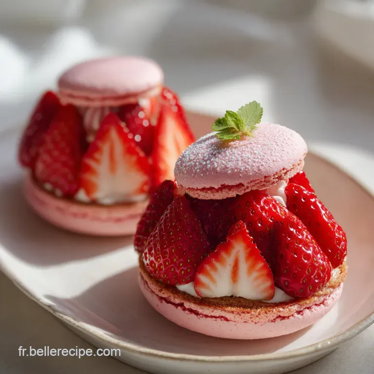 Elegant slice of Fraisier cake showcasing juicy strawberries nestled in pastry cream, framed by delicate pink biscuits on ...