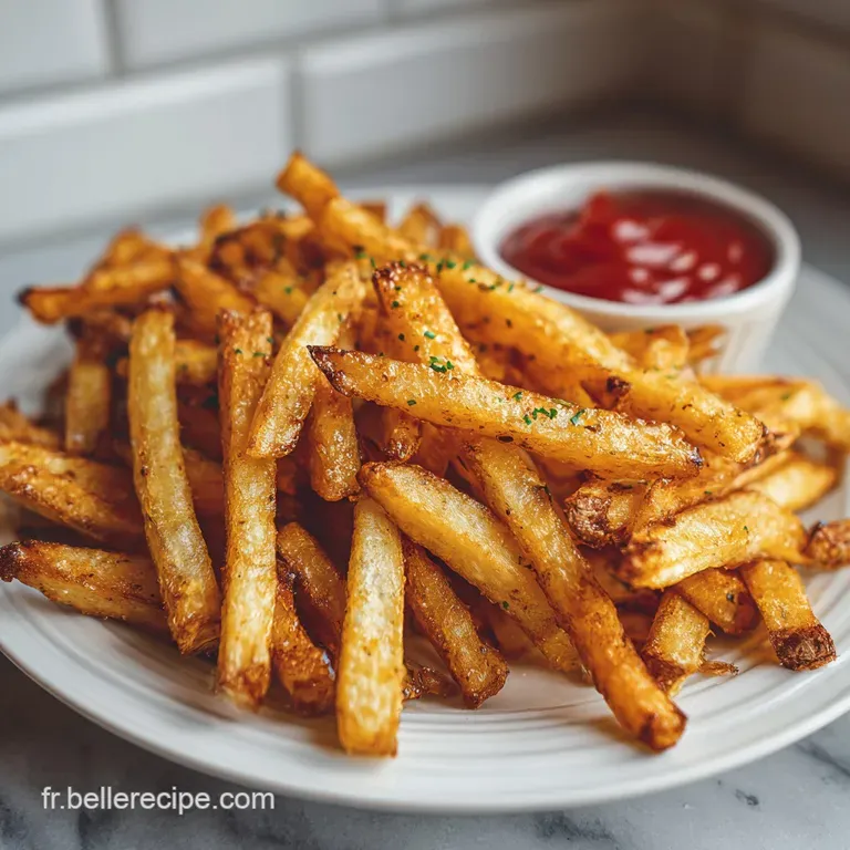 Perfectly arranged golden fries in a cone, sprinkled with herbs, beside a ramekin of creamy dipping sauce on a wooden board.