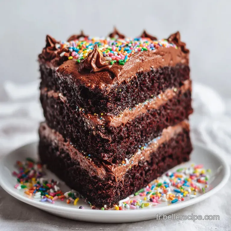 Slice of moist chocolate cake on a white plate, garnished with fresh raspberries and a sprig of mint. A dusting of cocoa c...