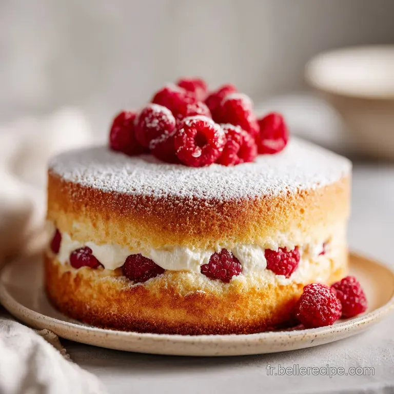 A slice of soft raspberry cake artfully arranged with fresh berries and a delicate swirl of cream.
