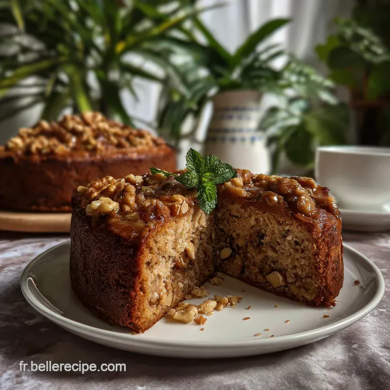 Slice of glistening walnut tart with a sticky, caramelized top, served on a white plate. Inviting and delicious.