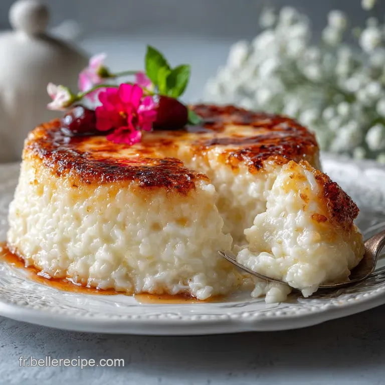 Elegant ramekin of creamy rice pudding, garnished with a delicate sprig of mint. A spoonful reveals a luscious texture.