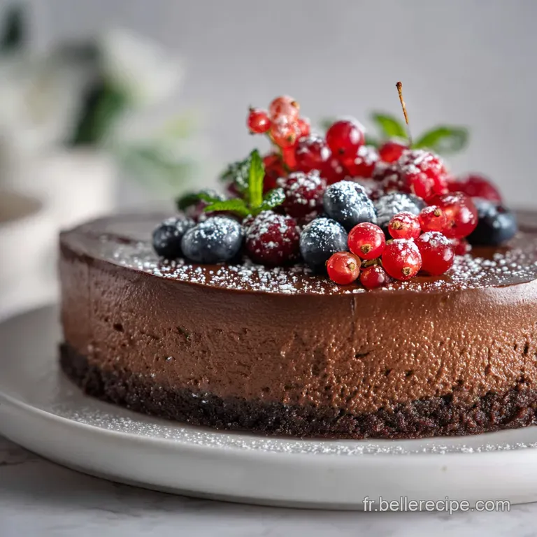 Elegant slice of dark chocolate mousse cake adorned with fresh raspberries and a dusting of cocoa, inviting the first bite.