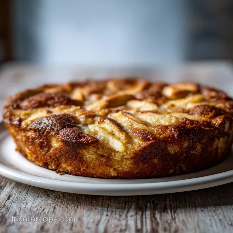 Slice of warm apple cake on a white plate. Cinnamon stick garnish, powdered sugar dusting. Cozy, comforting vibe.