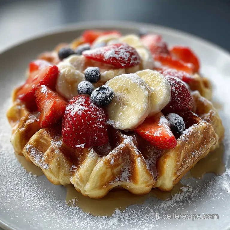 Stack of Liege waffles, dusted with powdered sugar, adorned with plump raspberries and blueberries. Elegant, simple dessert.