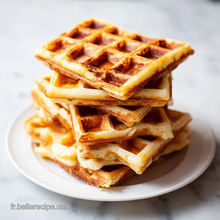 Pile de gaufres croustillantes sur assiette blanche, saupoudr&eacute;es de sucre glace avec des fraises rouges &eacute;clatantes.