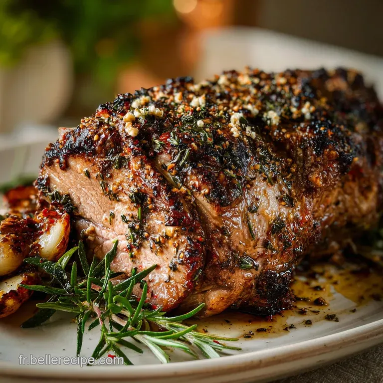 A slice of tender roasted lamb, plated with vibrant rosemary sprigs and glistening drippings, showcasing a perfectly cooke...