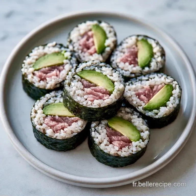 Rondelles color&eacute;es align&eacute;es sur une assiette blanche, contrastant le noir brillant des algues et le vert tendre.