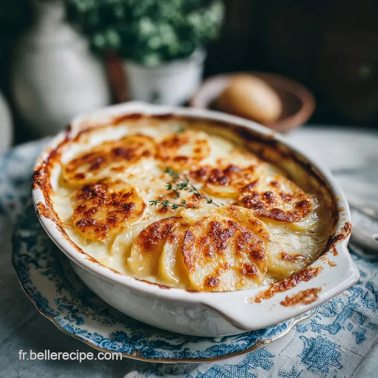 Individual ramekin of scalloped potatoes, browned and bubbly with creamy sauce, garnished with fresh thyme sprig.