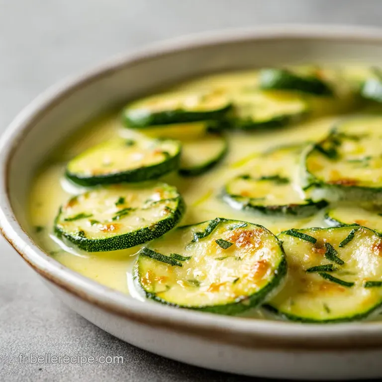 Portion de gratin bien dor&eacute;e dans une assiette &eacute;pur&eacute;e, texture onctueuse et morceaux de courgettes vert tendre.