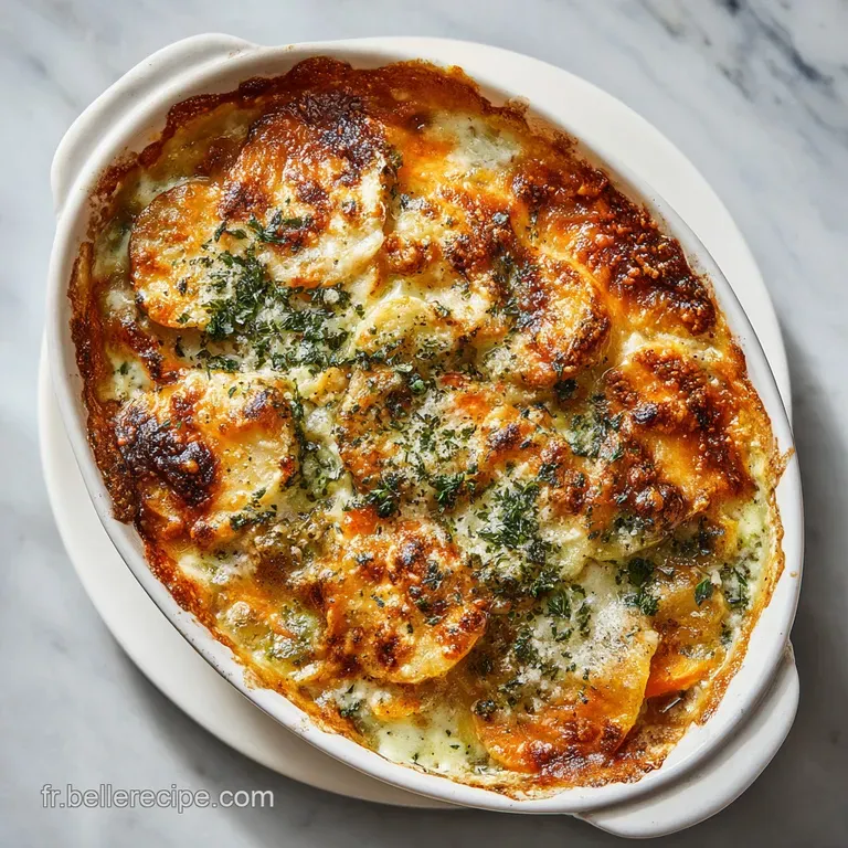 Serving of layered vegetable gratin with a crisp, browned top; steam rises invitingly. Herbs provide a fresh pop of color.