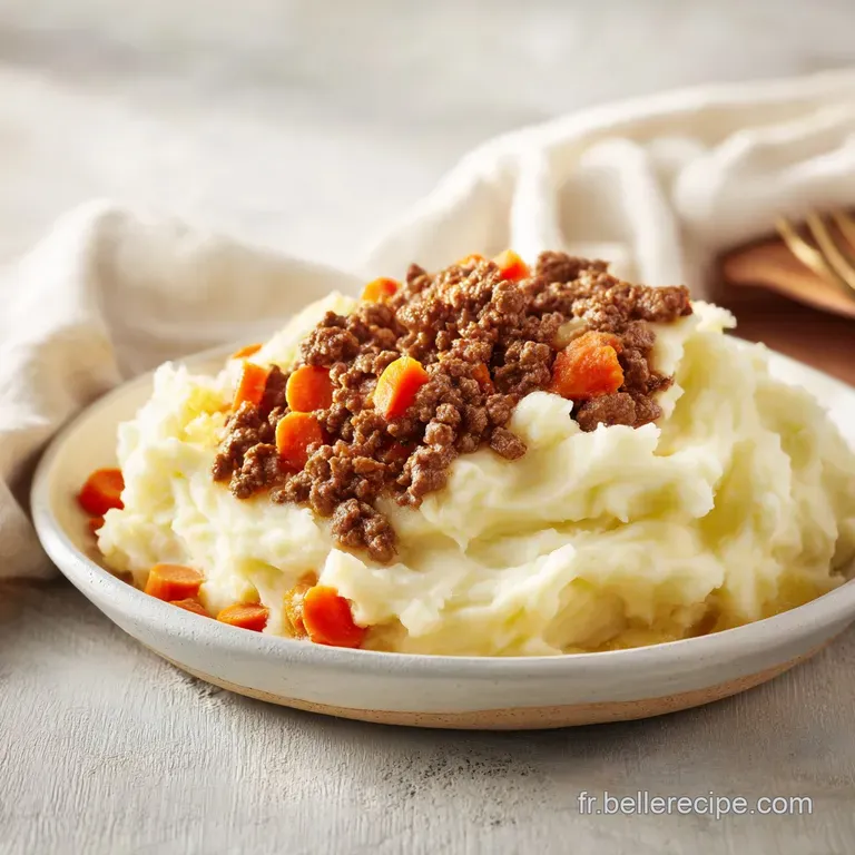 Part de pur&eacute;e fondante et dor&eacute;e pos&eacute;e sur une viande hach&eacute;e juteuse, servie dans une assiette blanche &eacute;pur&eacute;e.