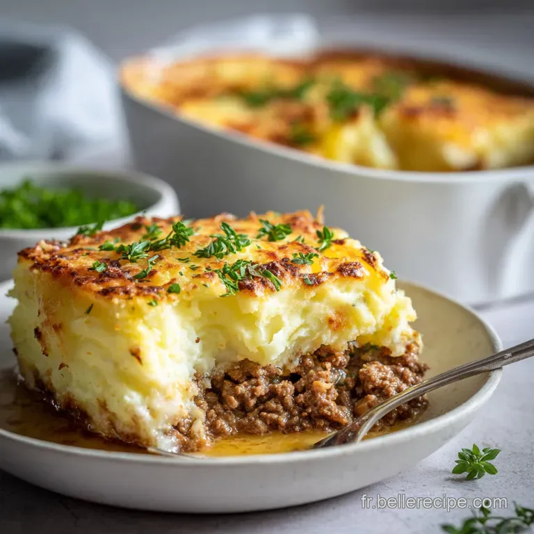 Elegant portion of Hachis Parmentier with a crisp, golden crust. Garnished with fresh parsley sprigs on a white plate.