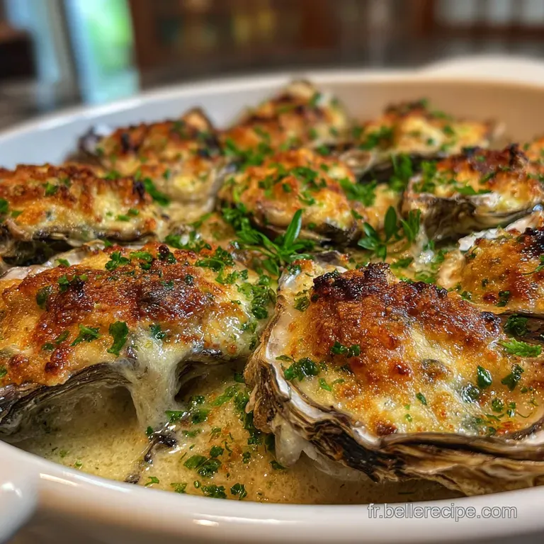 Oysters gratin&eacute;es elegantly plated with lemon wedges, showing the rich, golden crust and glistening oyster meat inside.