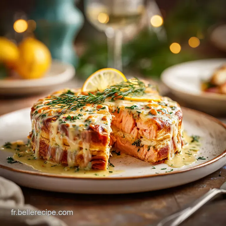 Flaky pastry slice reveals layers of pink salmon and vibrant greens. Served with a bright lemon wedge, ready to eat.