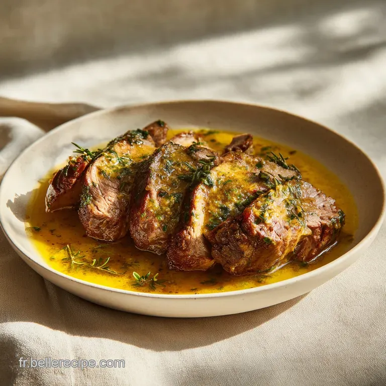 Rabbit in mustard sauce, artfully plated with fresh herbs. Creamy, rich sauce and tender rabbit create an inviting meal.