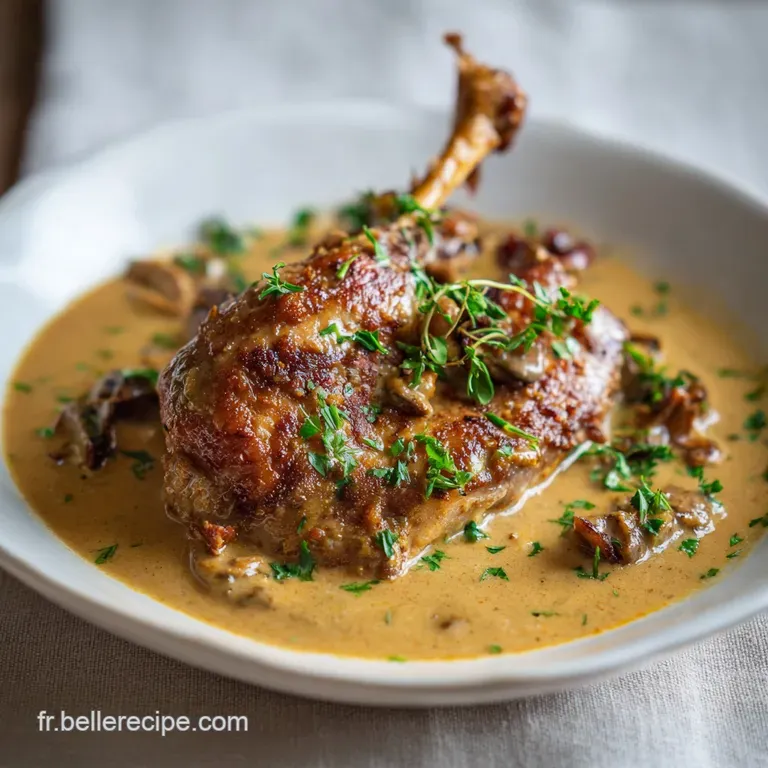 A plated serving showcasing tender rabbit in a flavorful sauce, garnished with fresh parsley, beside creamy polenta. Rusti...