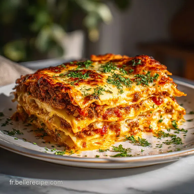A square of layered lasagna, cheesy and browned, served on a white plate with fresh herbs adding bright green accents.