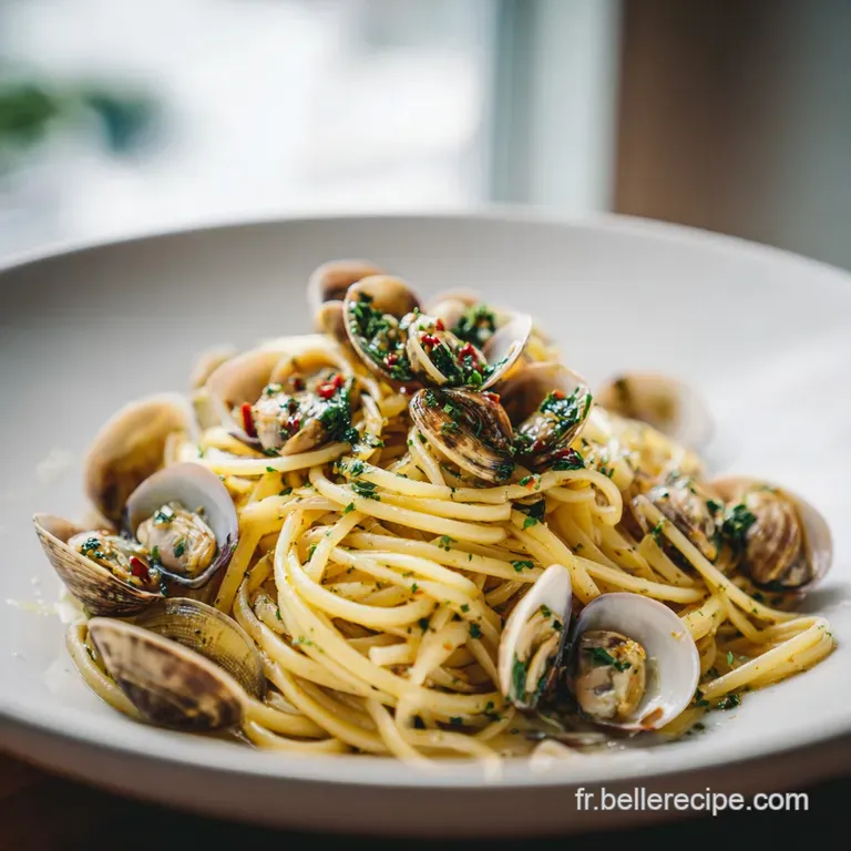 Elegant white plate showcasing tender linguine entwined with briny clams, finished with a drizzle of olive oil.