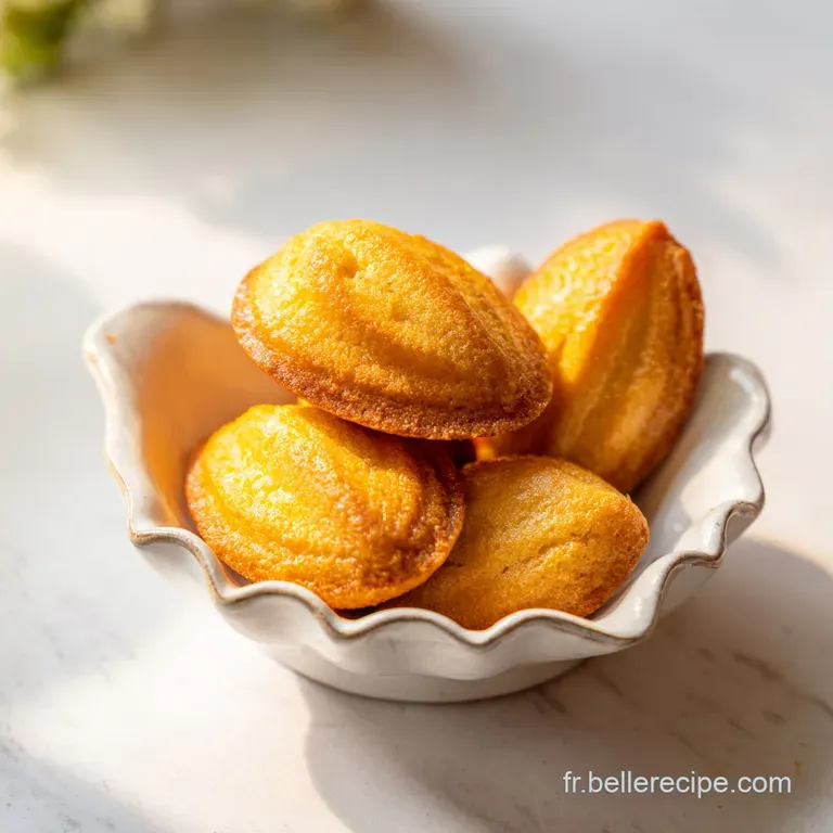 Madeleines moelleuses sur assiette blanche, saupoudr&eacute;es de sucre glace fin &agrave; c&ocirc;t&eacute; d'une tasse de th&eacute; fumante.
