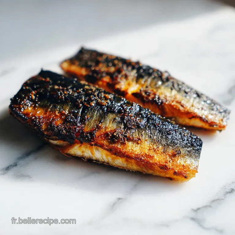 Perfectly seared mackerel fillet with vibrant green herbs and a delicate sauce drizzle on white plate.