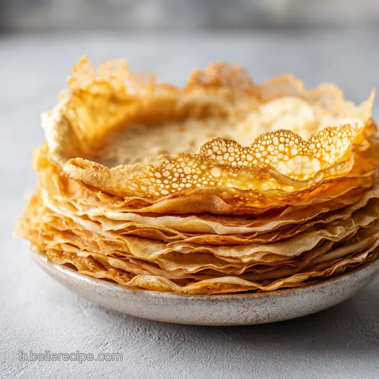 A fan of delicate crepes on a white ceramic plate, garnished with sliced strawberries and a fresh mint leaf.