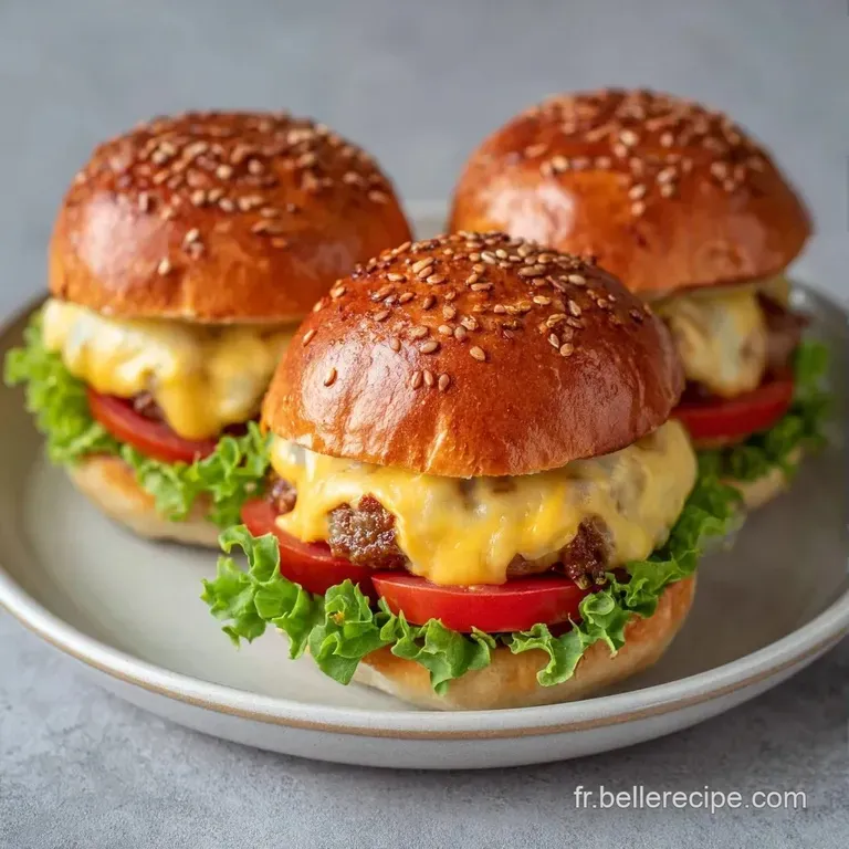 Alignement de mini burgers color&eacute;s sur un plateau blanc, contrastant le jaune du fromage et le vert vif des herbes.