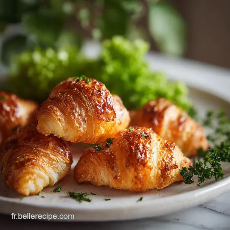 Elegant plate with several petite, golden croissants, arranged with fresh greenery and a light, flaky texture.