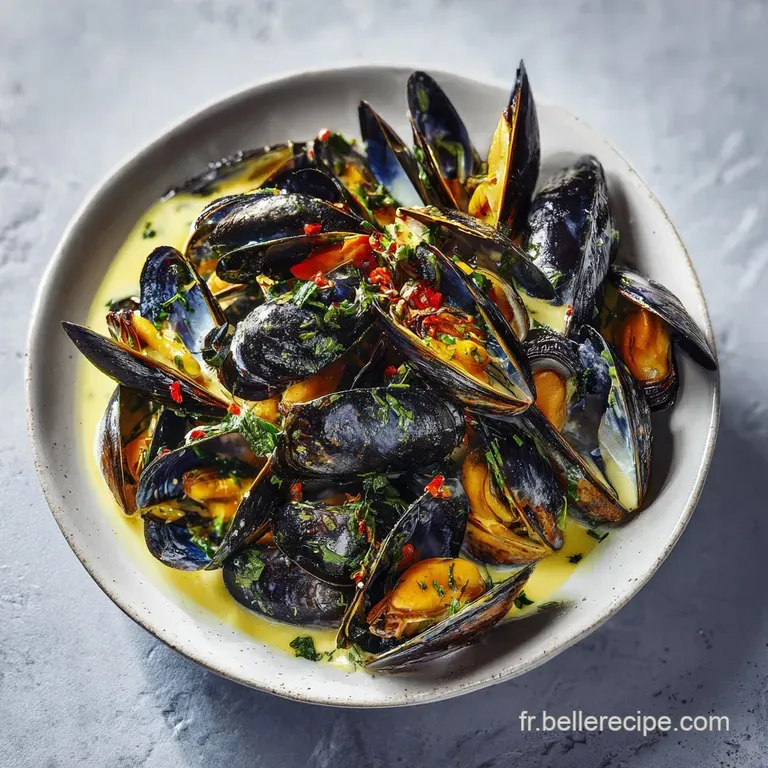 A steaming bowl of plump, glistening mussels bathed in creamy sauce, garnished with parsley and a crusty bread slice ready...