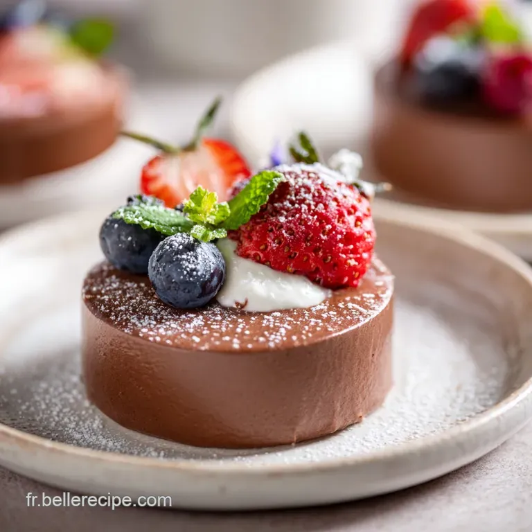 A perfectly smooth, dark chocolate mousse elegantly spooned into a delicate glass, topped with a single raspberry.