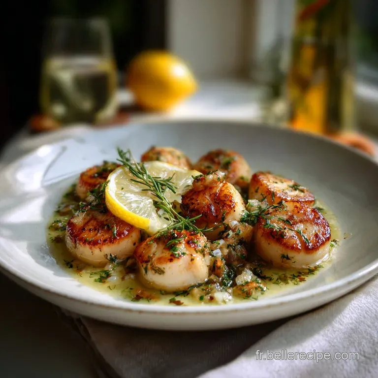 Delicate, seared scallops arranged artfully on a white plate, showcasing contrasting textures of the crisp scallop and smo...