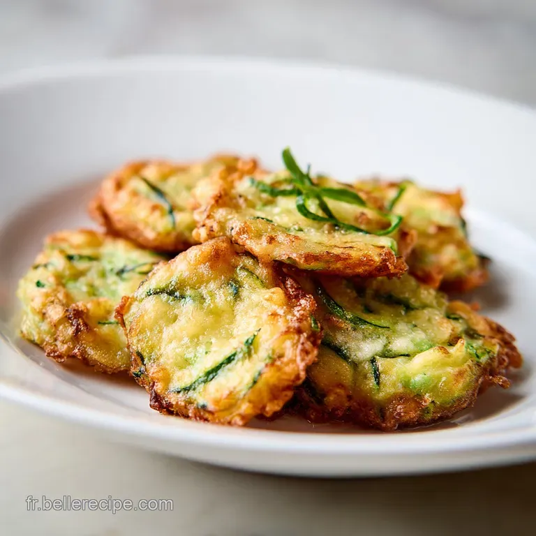 A delicate stack of light, airy zucchini fritters artfully arranged, topped with fresh herbs and a drizzle.
