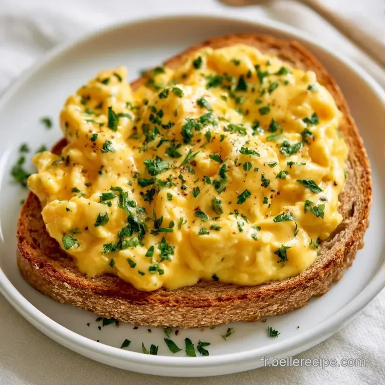 Assiette blanche minimaliste avec des &oelig;ufs fondants et onctueux pos&eacute;s sur du pain complet toast&eacute; et croquant.