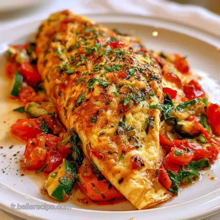 Omelette pli&eacute;e et moelleuse sur une assiette blanche, d&eacute;cor&eacute;e de brins de ciboulette fra&icirc;che et d'herbes vertes.