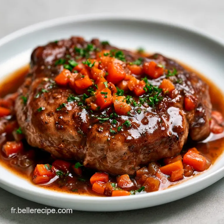 Morceau de viande juteuse napp&eacute; de sauce brillante, pos&eacute; sur un lit de riz cr&eacute;meux dans une assiette blanche &eacute;pur&eacute;e.