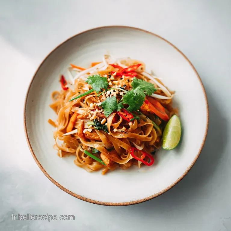 Artfully plated Pad Thai: bright shrimp, crushed peanuts, bean sprouts cascade off the noodles, a sprig of cilantro adds f...