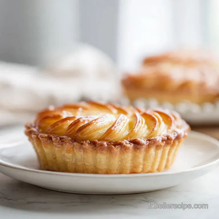 Slice of golden-brown quiche with visible layers of savory filling, elegantly plated with a sprig of fresh thyme. Warm, in...