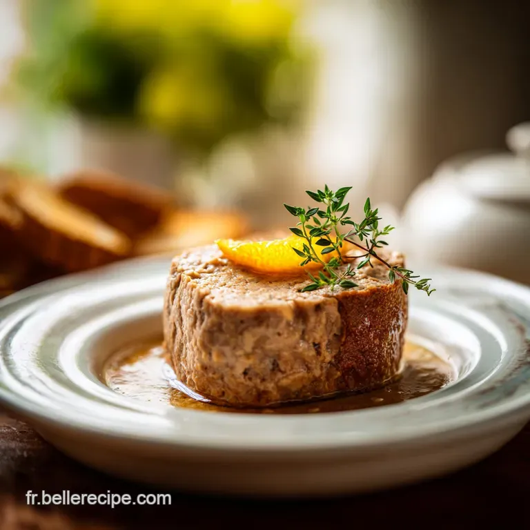 Slices of earthy p&acirc;t&eacute;, artfully arranged with cornichons, crusty bread, and sprigs of fresh herbs on a white plate.