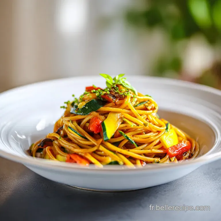 Elegant plating of pasta with tender vegetables, artfully arranged. Lightly sauced with fresh herbs sprinkled on top.