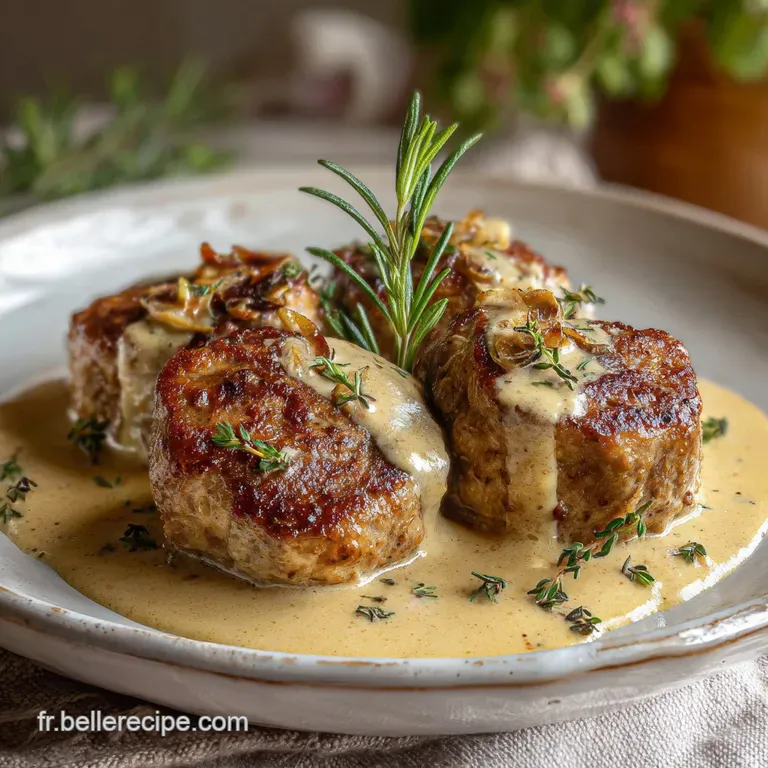 Elegant veal roll on a white plate, drenched in creamy sauce. Garnish of fresh herbs and a side, creating a beautiful dish.