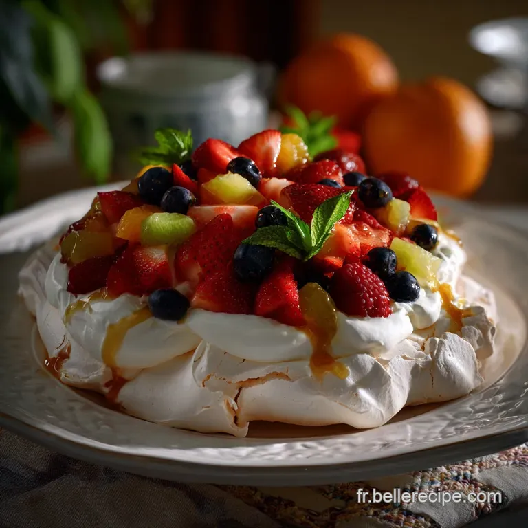 Elegant Pavlova slice on a white plate, showcasing a contrast of textures: crunchy meringue, creamy filling, and fresh fruit.